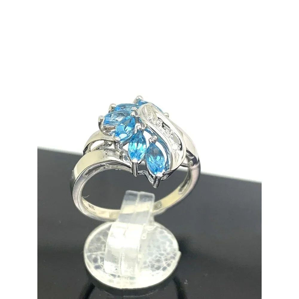 Blue Gemstone Diamond Cocktail Ring 10k White Gold Estate Jewelry Women's Size 7
